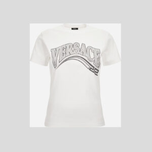 T-Shirt In Jersey Fabric With Print + Rhinestone Greca Varsity Logo - White