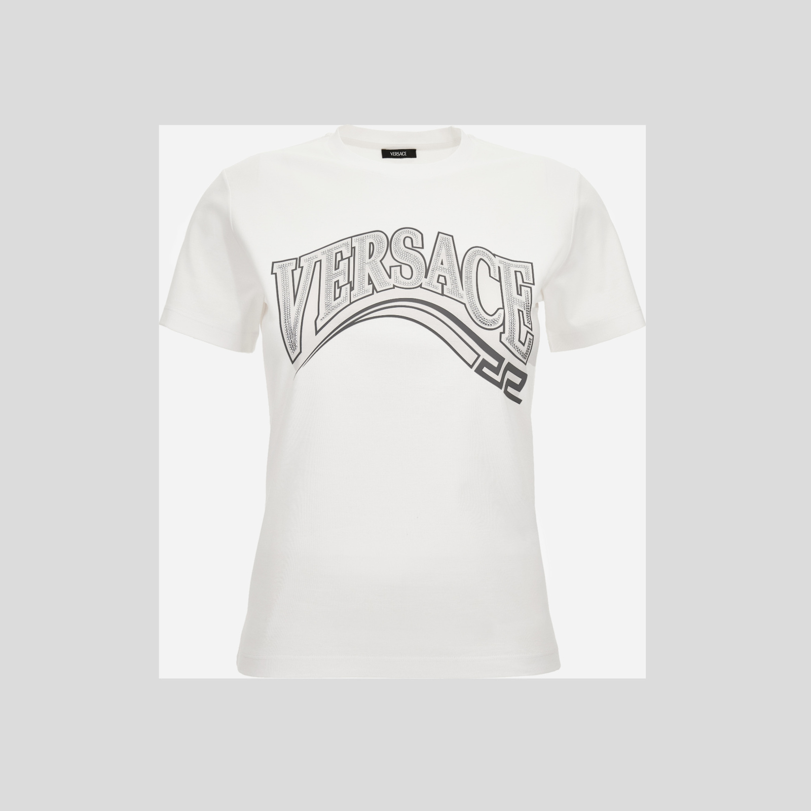 T-Shirt In Jersey Fabric With Print + Rhinestone Greca Varsity Logo - White T-Shirt In Jersey Fabric With Print + Rhinestone Greca Varsity Logo - White