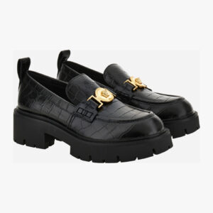 Loafer In Embossed Croc Calf Leather - Black-Versace Gold