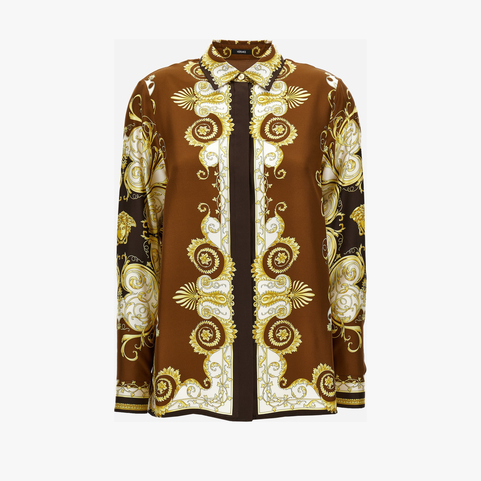 Formal Shirt In Silk Twill Print Barocco Spring - Brown Formal Shirt In Silk Twill Print Barocco Spring - Brown