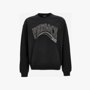 Sweatshirt In Jersey Fabric + Print And Studs Greca Varsity Logo - Black