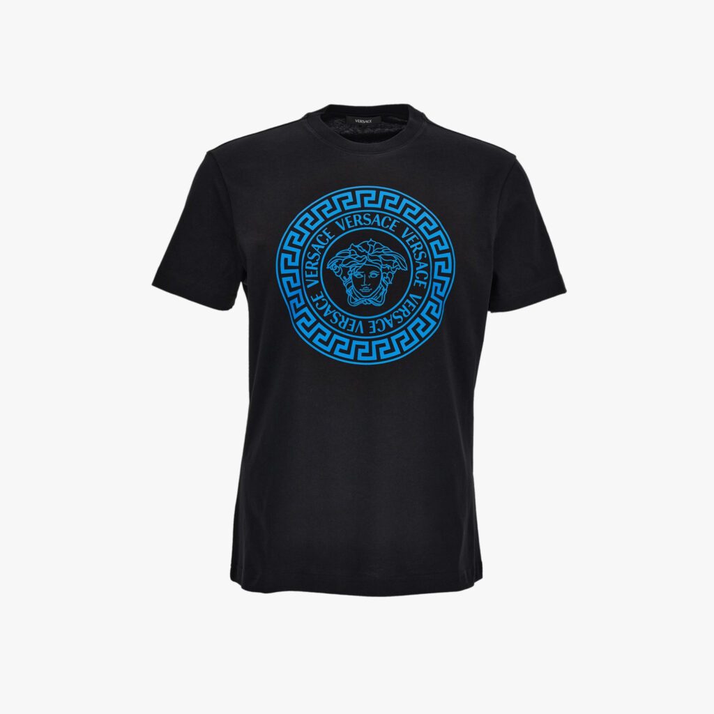 T-Shirt In Jersey Fabric-Medusa Versace Greca Print - Black