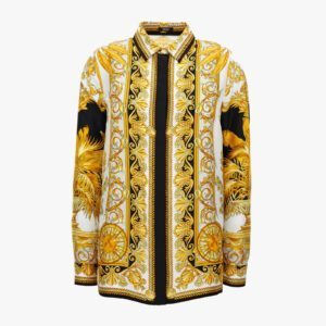Formal Shirt In Silk Twill Barocco Palm Print - Black-White-Gold
