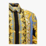 Informal Shirt In Barocco Palm Print Silk Fabric - Black-Stone Blue-Gold