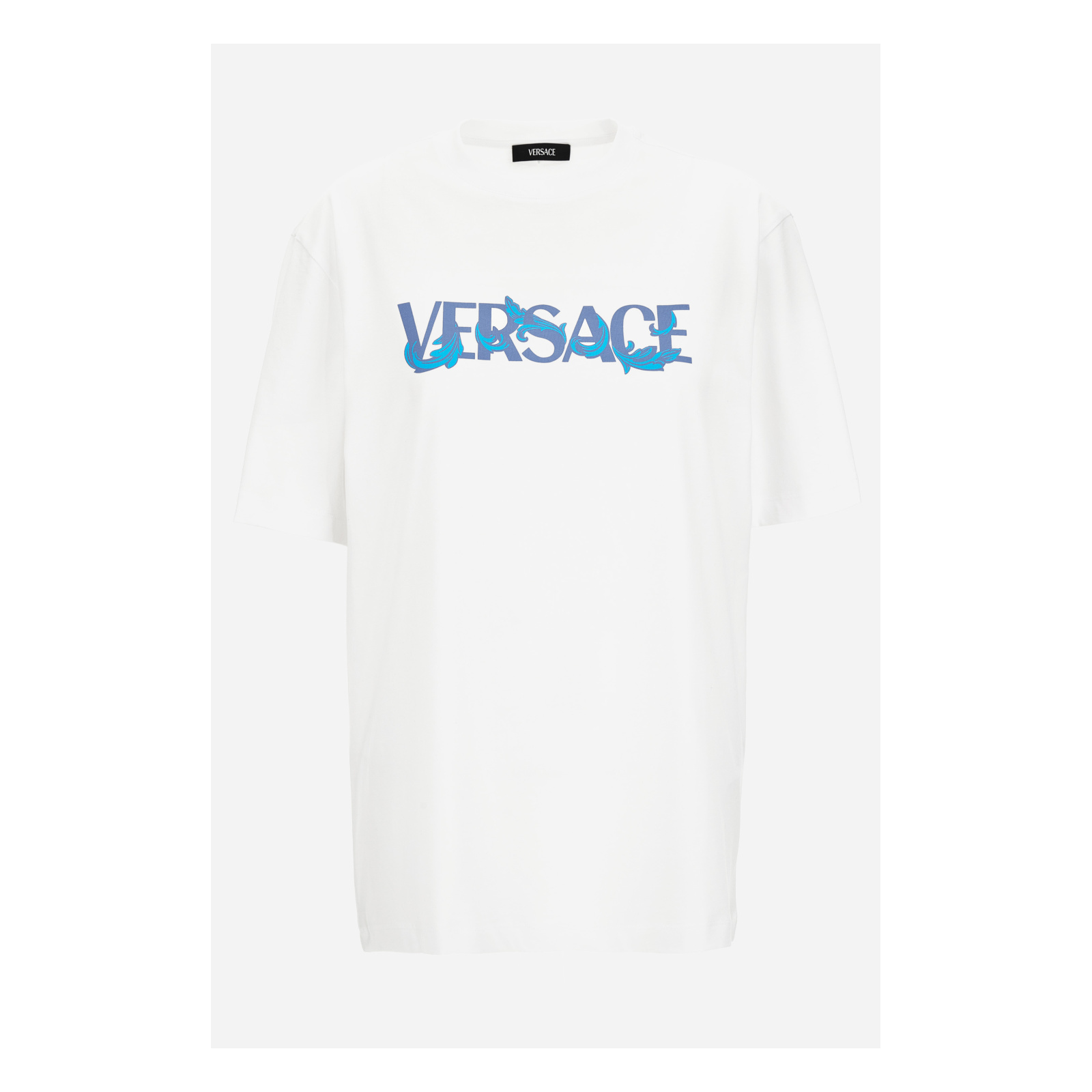 T-Shirt In Jersey Fabric-Versace Print - White-Stone Blue-Turquoise T-Shirt In Jersey Fabric-Versace Print - White-Stone Blue-Turquoise