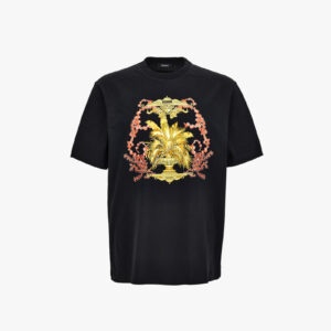 T-Shirt In Jersey Fabric-Barocco Palm Print - Black-Gold