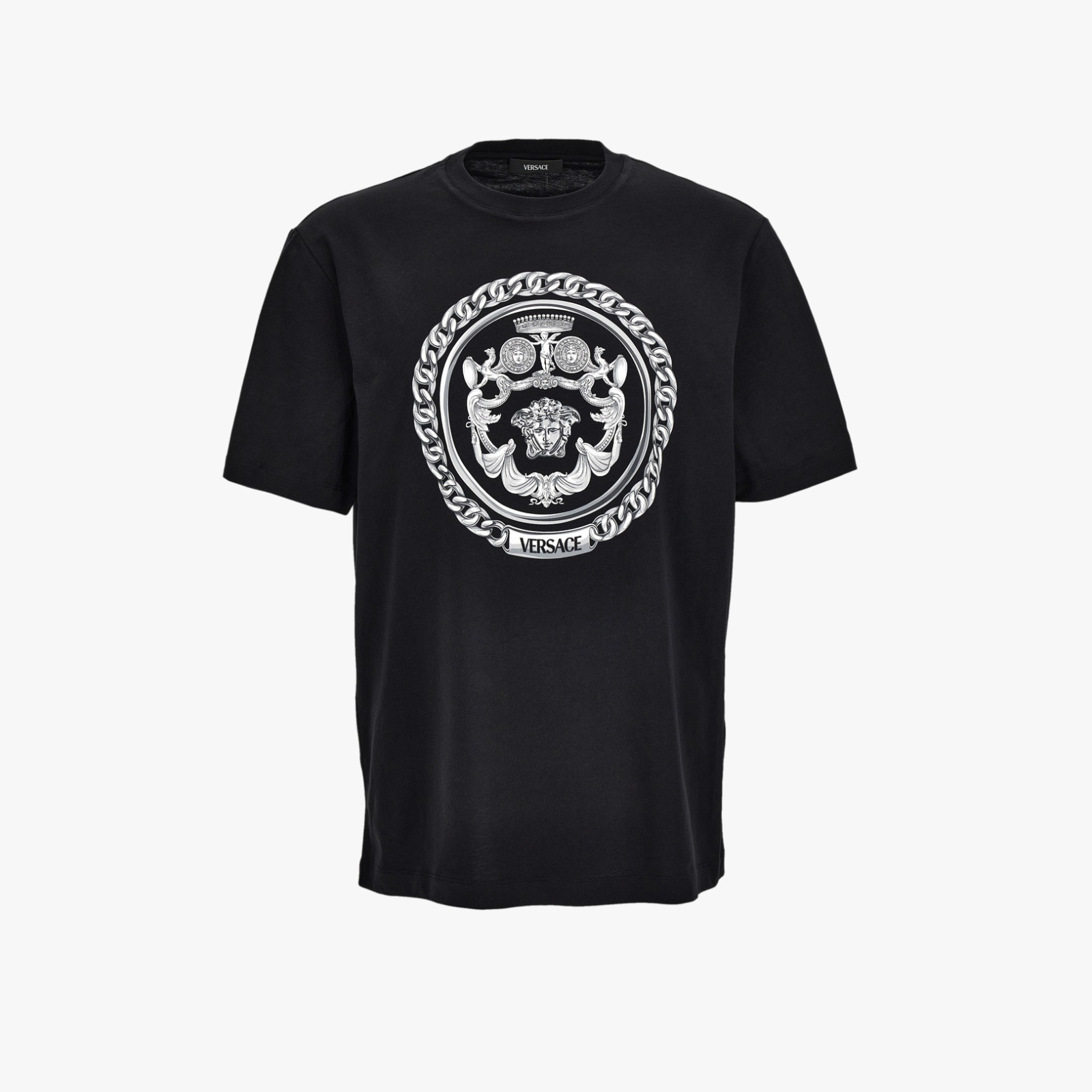 T-Shirt In Jersey Fabric-Chain Print Crest - Black-White-Grey T-Shirt In Jersey Fabric-Chain Print Crest - Black-White-Grey