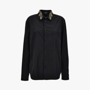 Informal Shirt In Poly Cotton Poplin Fabric-Leaf Embroidery Collar-Versace Emb. - Black