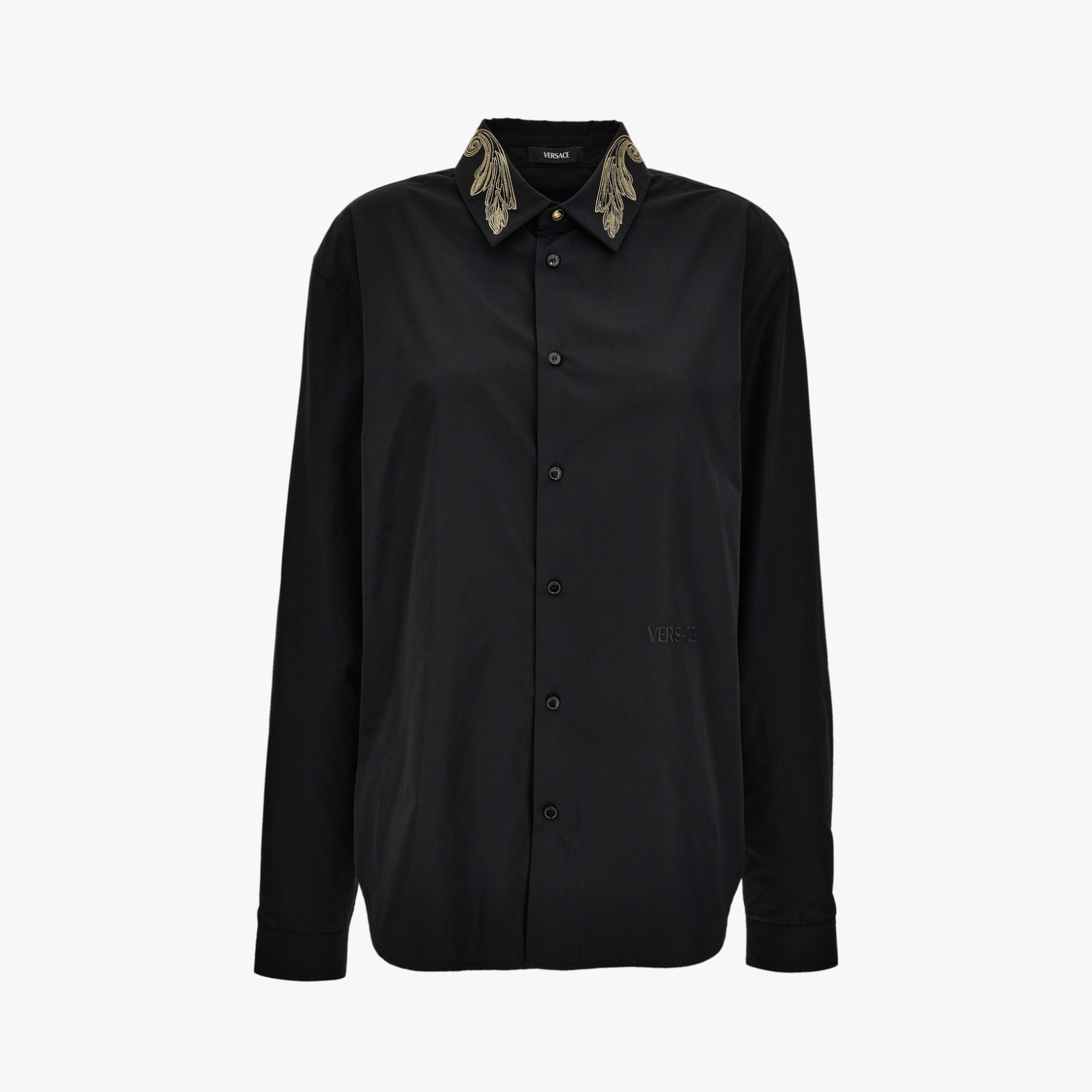 Informal Shirt In Poly Cotton Poplin Fabric-Leaf Embroidery Collar-Versace Emb. - Black Informal Shirt In Poly Cotton Poplin Fabric-Leaf Embroidery Collar-Versace Emb. - Black
