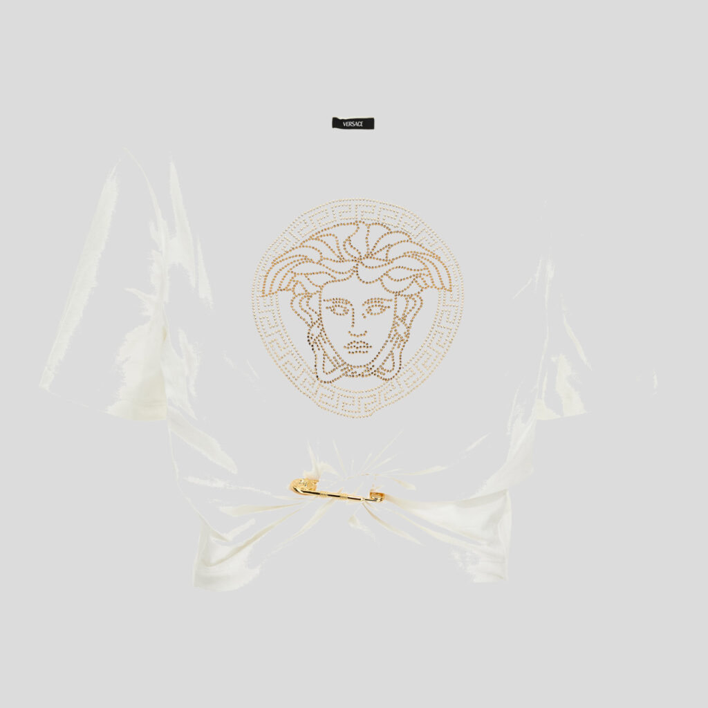 T-Shirt In Organic Stretch Cotton Jersey-Medusa Embroidery - White-Gold