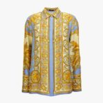 Formal Shirt In Silk Twill Barocco Palm Print - Sky Blue-Pale Yellow-Gold