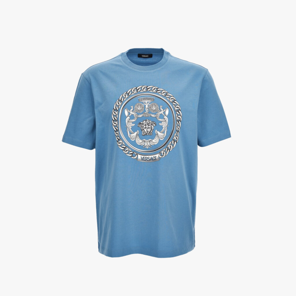 T-Shirt In Jersey Fabric-Chain Print Crest - Stone Blue-White-Grey