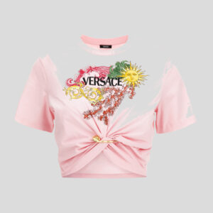 T-Shirt In Jersey With Versace Palm Print - Pastel Pink-Multicolor