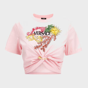 T-Shirt In Jersey With Versace Palm Print - Pastel Pink-Multicolor