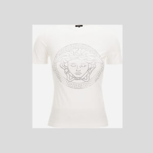 T-Shirt In Cotton Jersey Fabric With Medusa Rhinestone Embroidery-Studs - White-Crystal