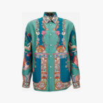 Informal Shirt In Silk Twill Coral Theatre Print - Green