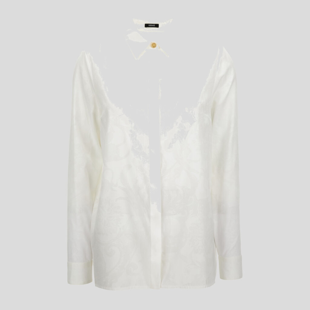Formal Shirt In Crepe De Chine Silk Blend Baroque Stencil Print - White