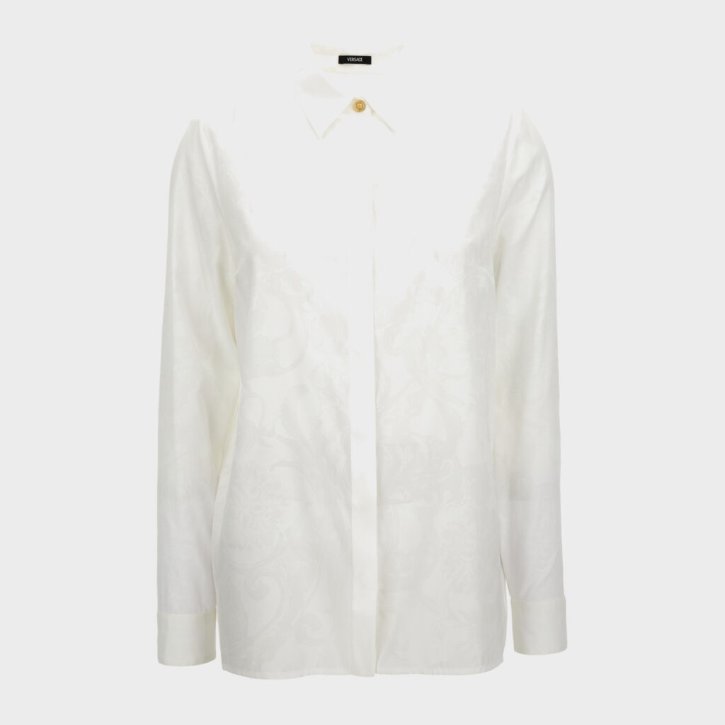 Formal Shirt In Crepe De Chine Silk Blend Baroque Stencil Print - White
