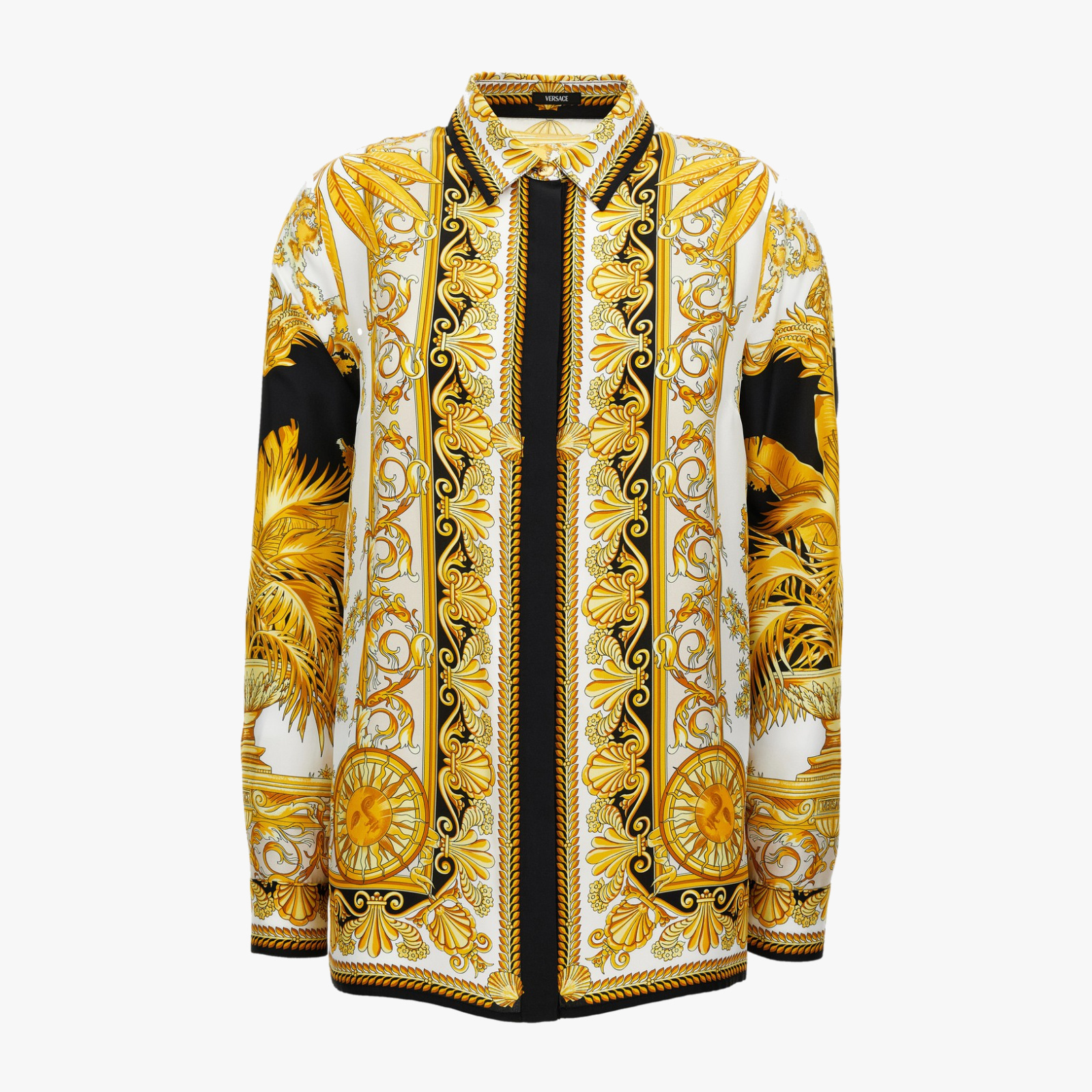 Formal Shirt In Silk Twill Barocco Palm Print - Black-White-Gold Formal Shirt In Silk Twill Barocco Palm Print - Black-White-Gold