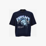 T-Shirt In Compact Cotton Jersey Fabric + Medusa Varsity Print - Blue