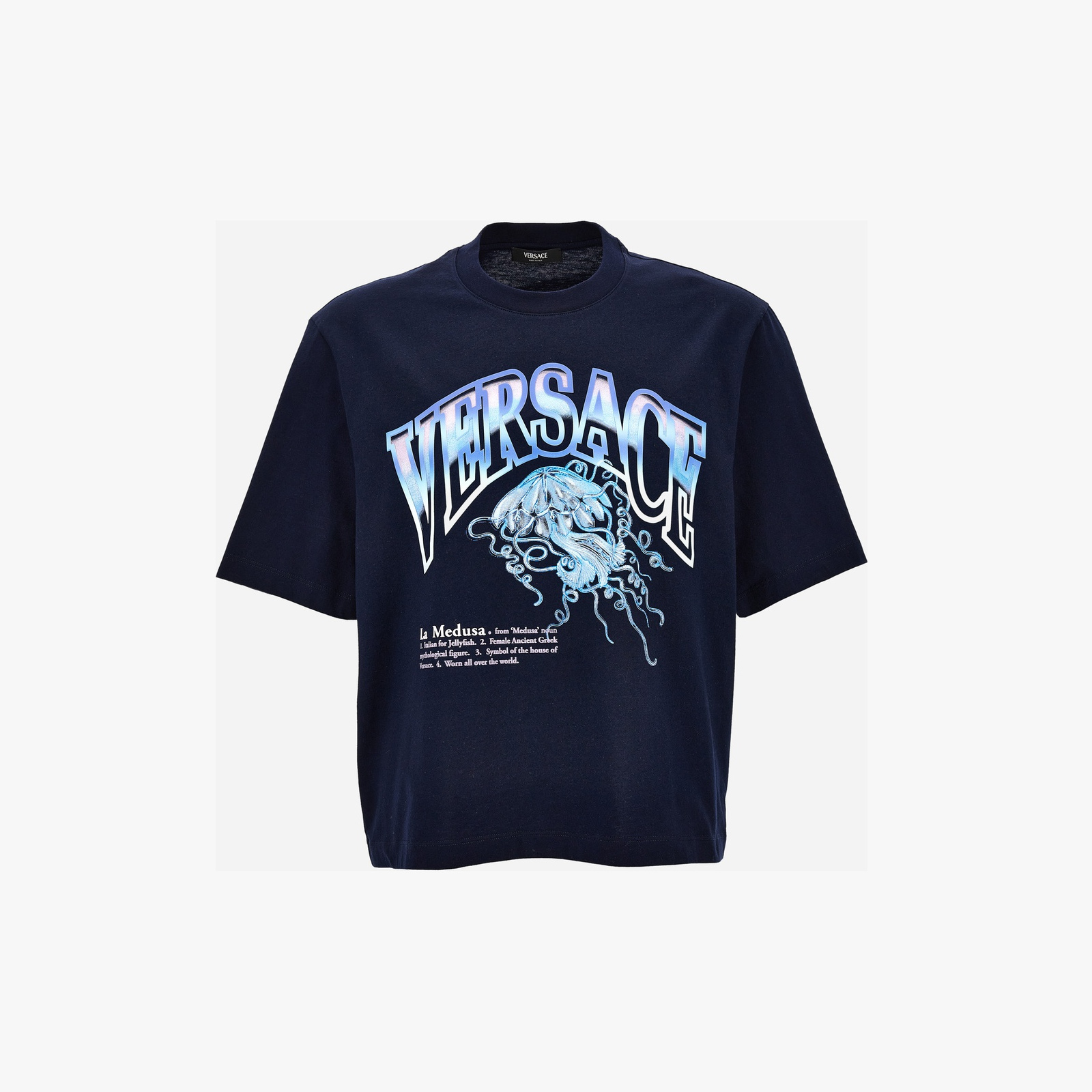 T-Shirt In Compact Cotton Jersey Fabric + Medusa Varsity Print - Blue T-Shirt In Compact Cotton Jersey Fabric + Medusa Varsity Print - Blue