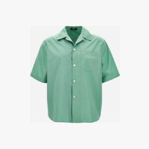 Informal Shirt In Cotton Poplin Fabric + Silk Twill Coral Theatre Print - Green