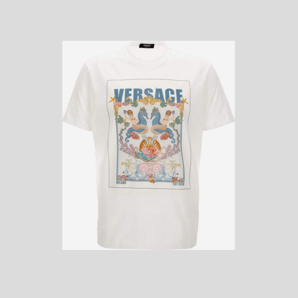 T-Shirt In Compact Cotton Jersey Fabric + Coral Theater Postcard Print - White