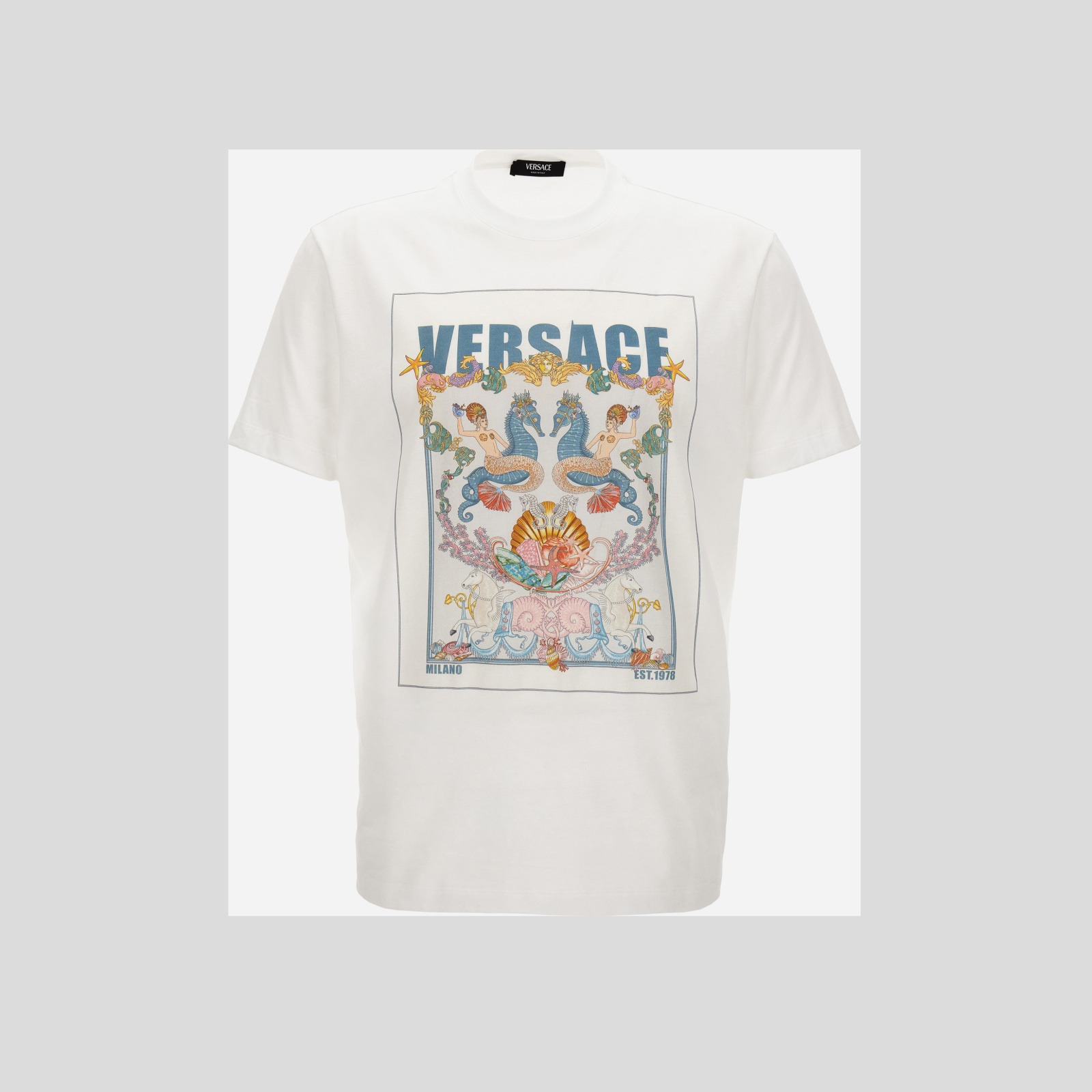 T-Shirt In Compact Cotton Jersey Fabric + Coral Theater Postcard Print - White T-Shirt In Compact Cotton Jersey Fabric + Coral Theater Postcard Print - White
