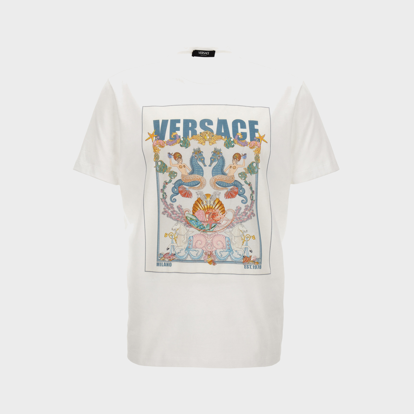 T-Shirt In Compact Cotton Jersey Fabric + Coral Theater Postcard Print - White T-Shirt In Compact Cotton Jersey Fabric + Coral Theater Postcard Print - White