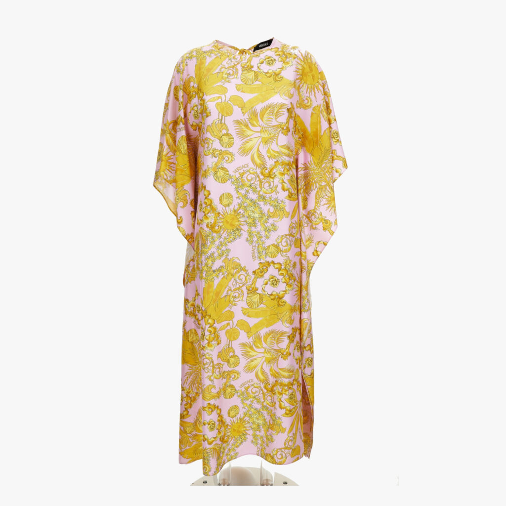 Dress In Silk Twill Barocco Palm Allover Print - Pastel Pink-Gold