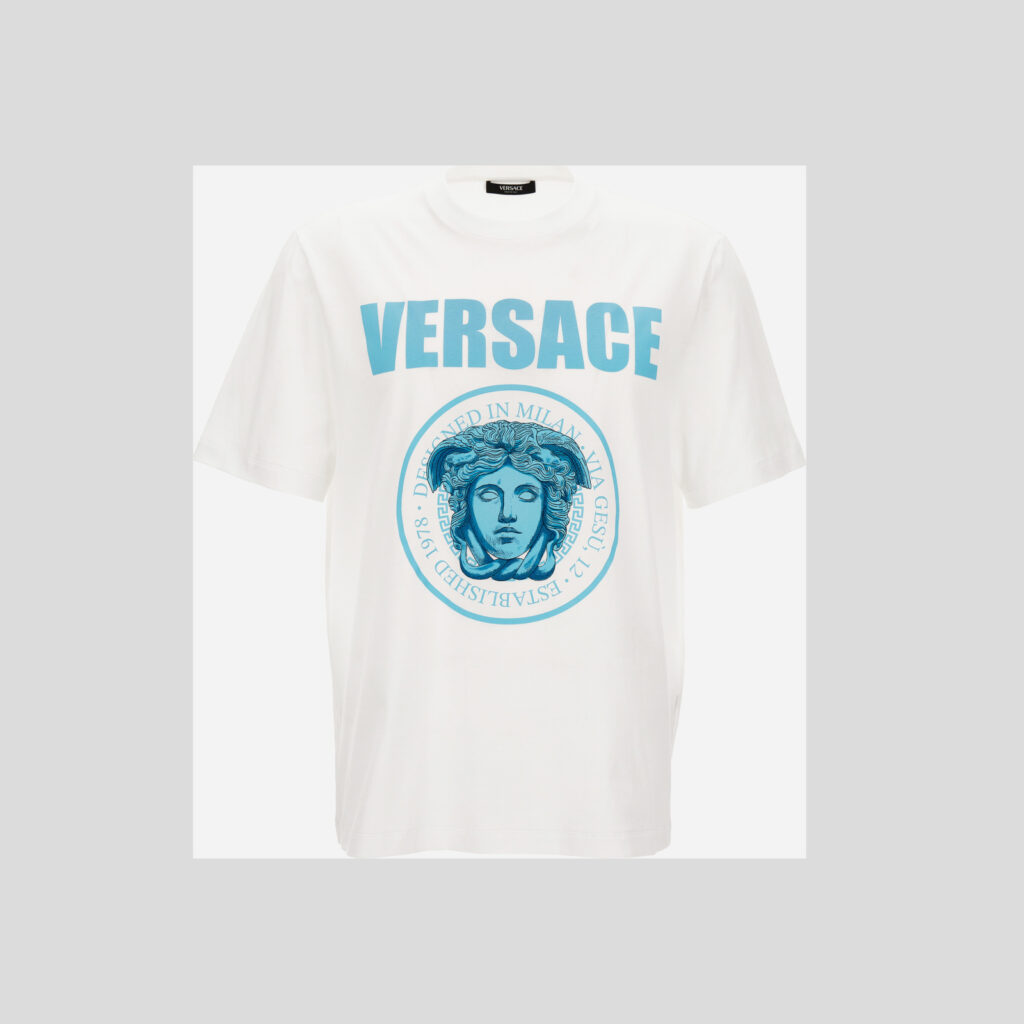 T-Shirt In Compact Cotton Jersey Fabric + Medusa Rock Print - White