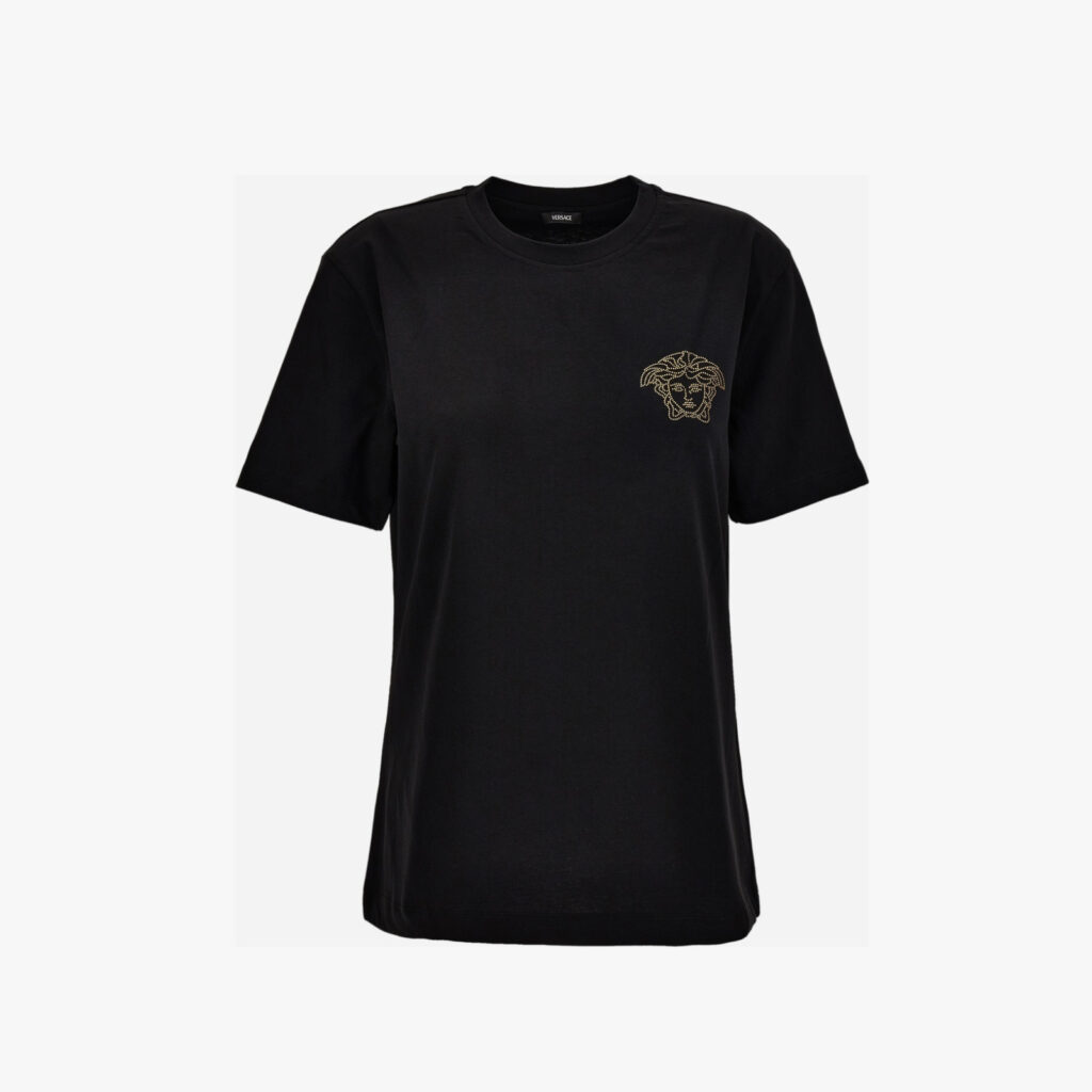 T-Shirt In Cotton Jersey Fabric With Medusa Hotfix Embroidery - Black-Gold