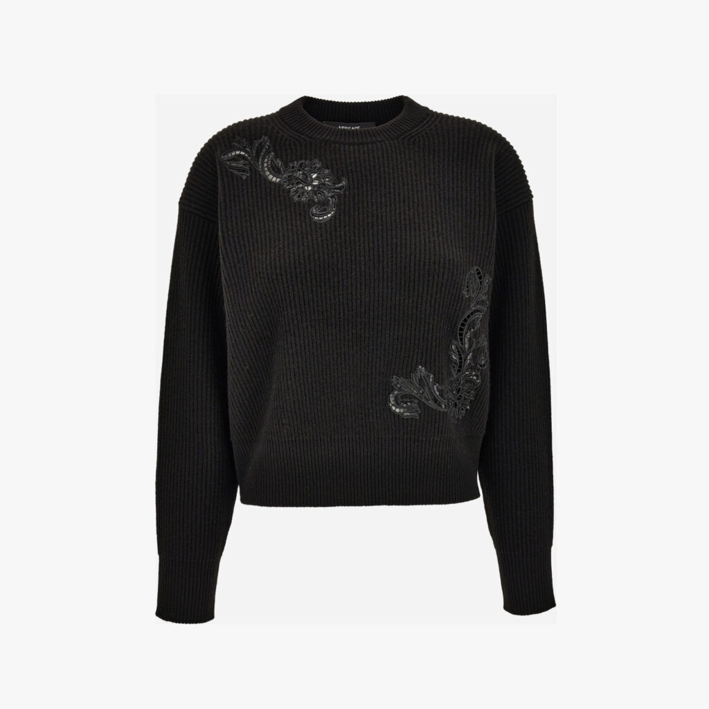 Knit Sweater In Barocco Leaf Embroidery + Sequins Leaf Rws Wool - Black