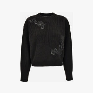 Knit Sweater In Barocco Leaf Embroidery + Sequins Leaf Rws Wool - Black