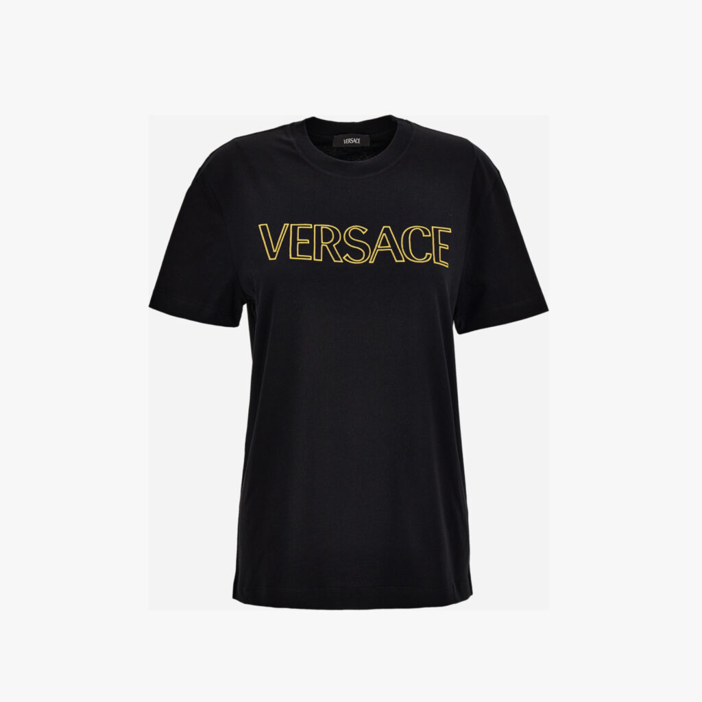 T-Shirt In Jersey Fabric-Versace Outline Embroidery - Black-Gold