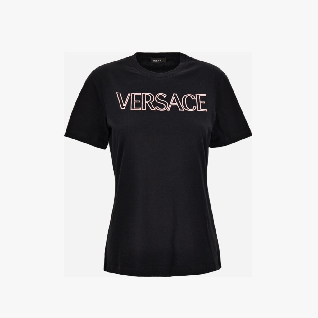 T-Shirt In Cotton Jersey Fabric With Versace Outline Embroidery - Black-Rose