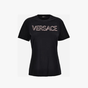 T-Shirt In Cotton Jersey Fabric With Versace Outline Embroidery - Black-Rose