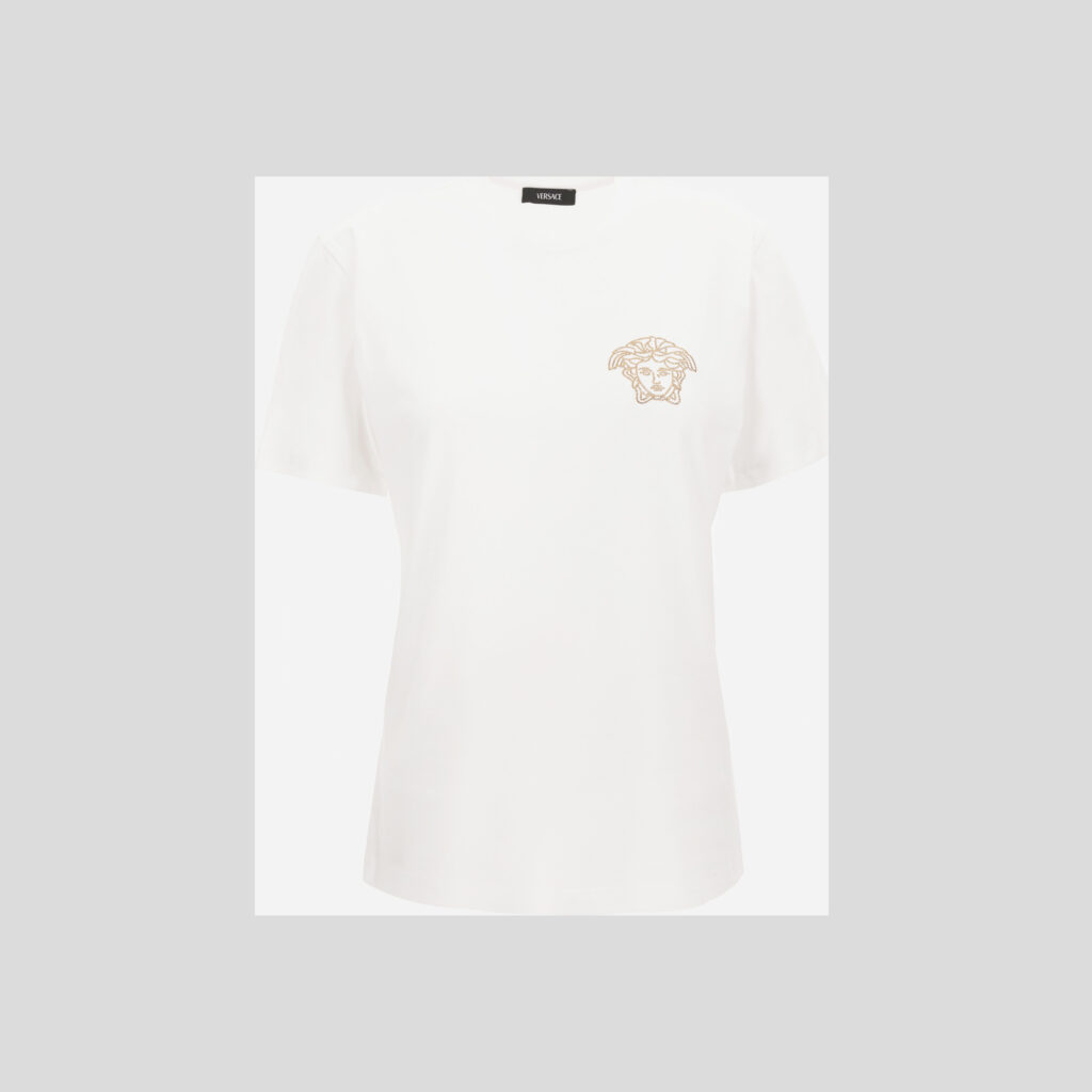T-Shirt In Cotton Jersey Fabric With Medusa Hotfix Embroidery - White-Gold