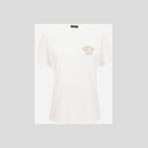 T-Shirt In Cotton Jersey Fabric With Medusa Hotfix Embroidery - White-Gold