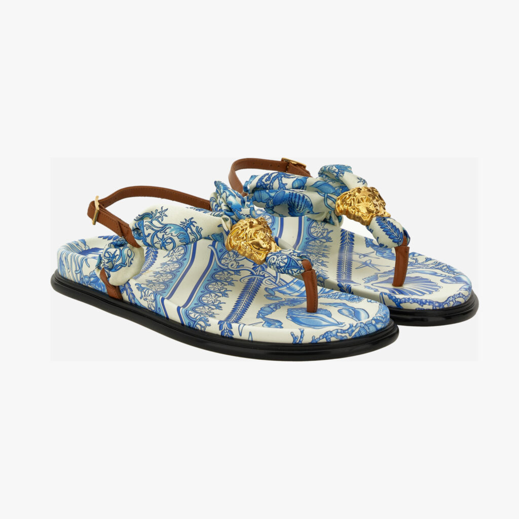Sandal T.10 In Fabric+Calf Leather - Eggshellbright Dv Blue-Versace Gold