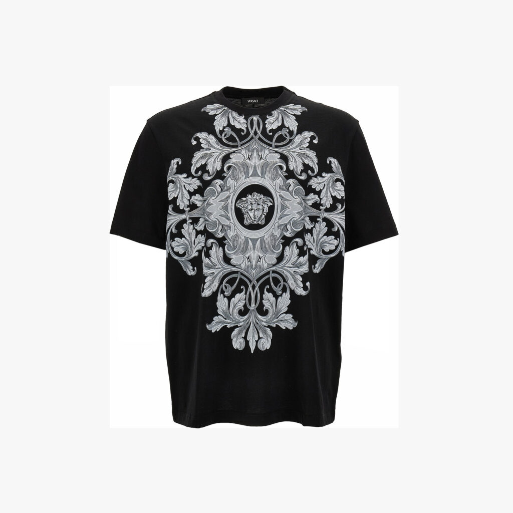 T-Shirt In Jersey Fabric + Barocco Medusa Print - Black-Grey