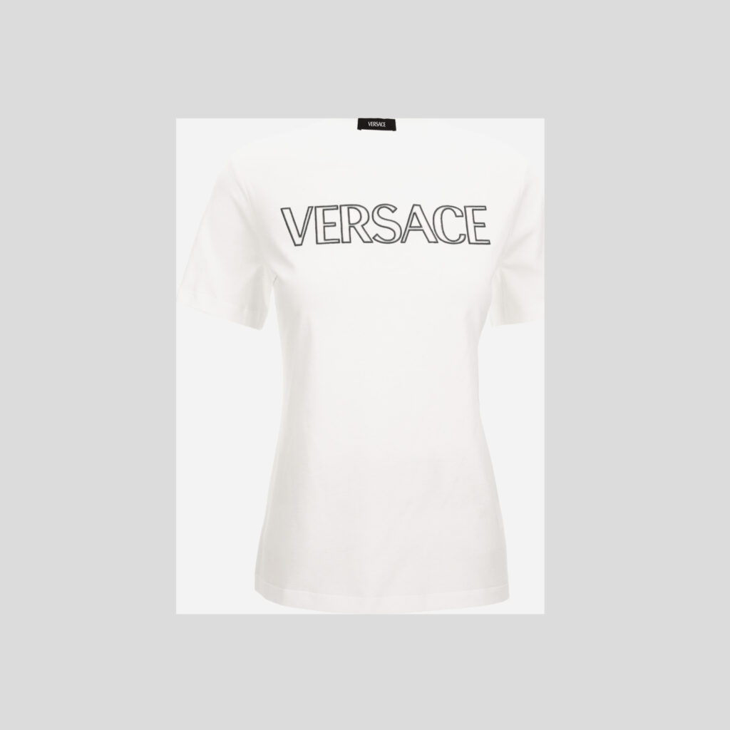 T-Shirt In Jersey Fabric-Versace Outline Embroidery - White-Black