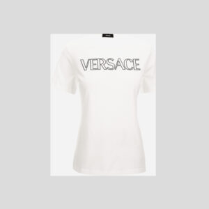 T-Shirt In Jersey Fabric-Versace Outline Embroidery - White-Black
