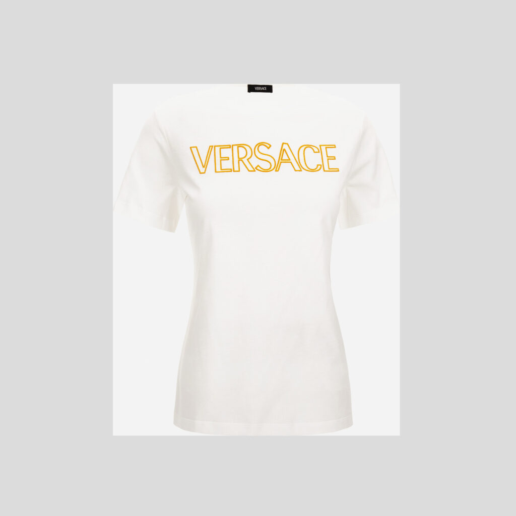 T-Shirt In Cotton Jersey Fabric With Versace Outline Embroidery - White-Gold