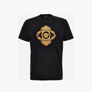 T-Shirt In Compact Cotton Jersey Fabric + Architectural Barocco Crest Embroidery - Black