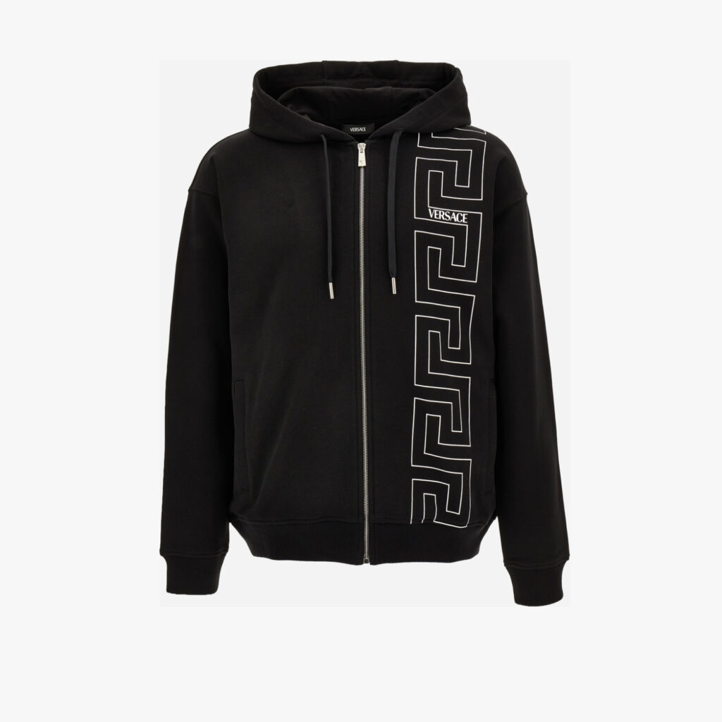 Sweatshirt In Unbrushed Fleece Fabric-Greek Key And Versace Print - Black-White