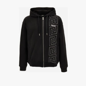 Sweatshirt In Unbrushed Fleece Fabric-Greek Key And Versace Print - Black-White