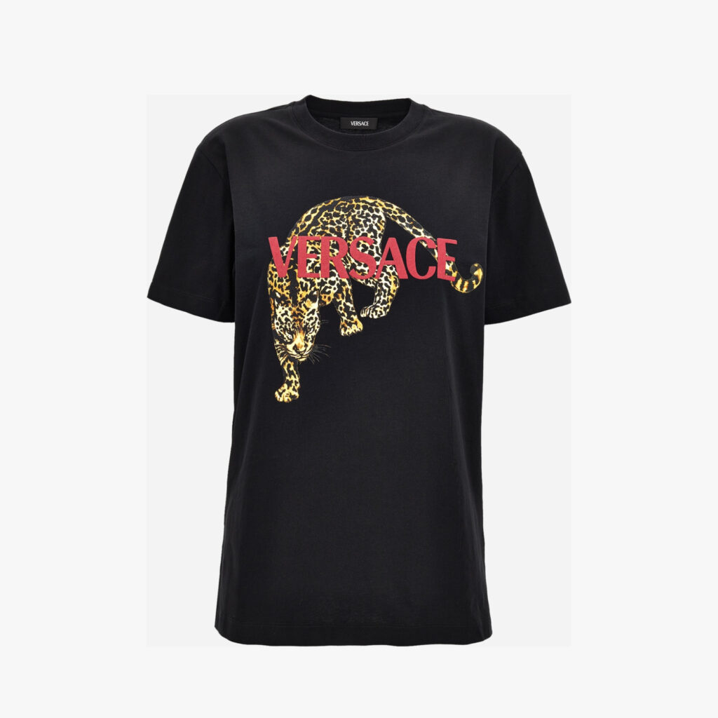 T-Shirt In Jersey Fabric + Leopard Print - Black