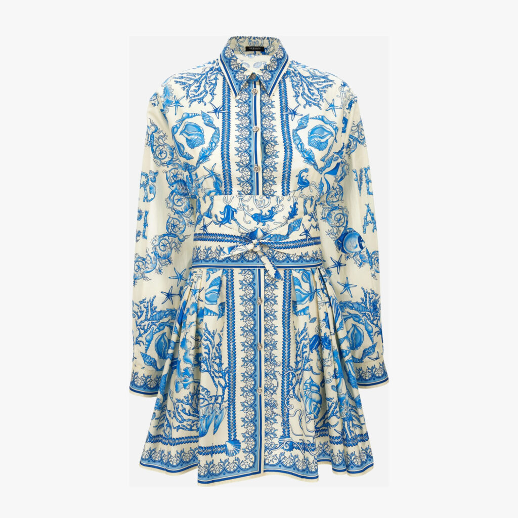 Dress In Underwater Barocco Bicolour Foulard On Cotton Poplin - Blue