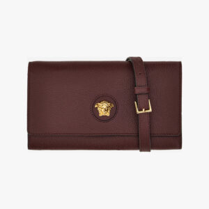 Wallet On Strap In Grainy Calf Leather - Wine-Versace Gold